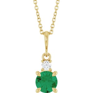 14K Yellow Gold Lab-Grown Emerald & .07 CT Natural Diamond 16-18" Necklace