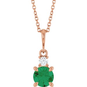 14K Rose Gold Lab-Grown Emerald & .07 CT Natural Diamond 16-18" Necklace