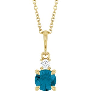 14K Yellow Gold Natural London Blue Topaz & .07 CT Natural Diamond 16-18" Necklace