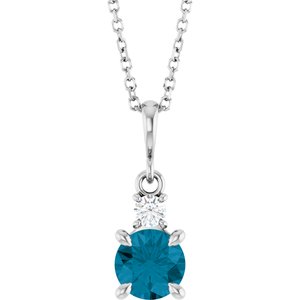 14K White Gold Natural London Blue Topaz & .07 CT Natural Diamond 16-18" Necklace