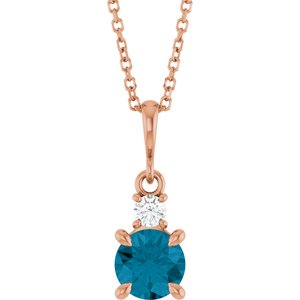 14K Rose Gold Natural London Blue Topaz & .07 CT Natural Diamond 16-18" Necklace
