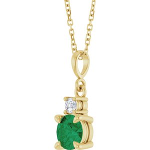 14K Yellow Gold Lab-Grown Emerald & .07 CT Natural Diamond 16-18" Necklace