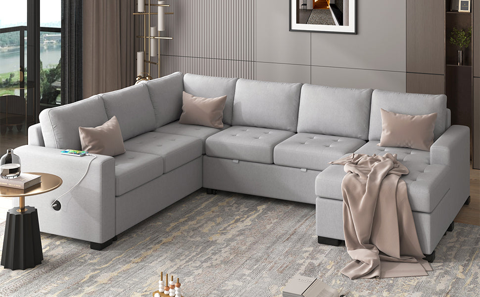 U_Style Sectional Sleeper Sofa with Pull-out Bed and Lounge Chair, USB and Type-C Interfaces, Suitable for Living Room, Office, and Spacious Spaces