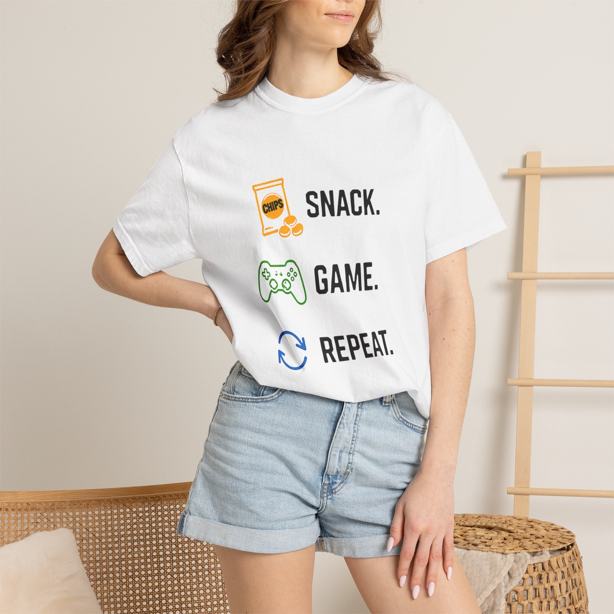 "Snack. Game. Repeat." Graphic Tee for Gamers