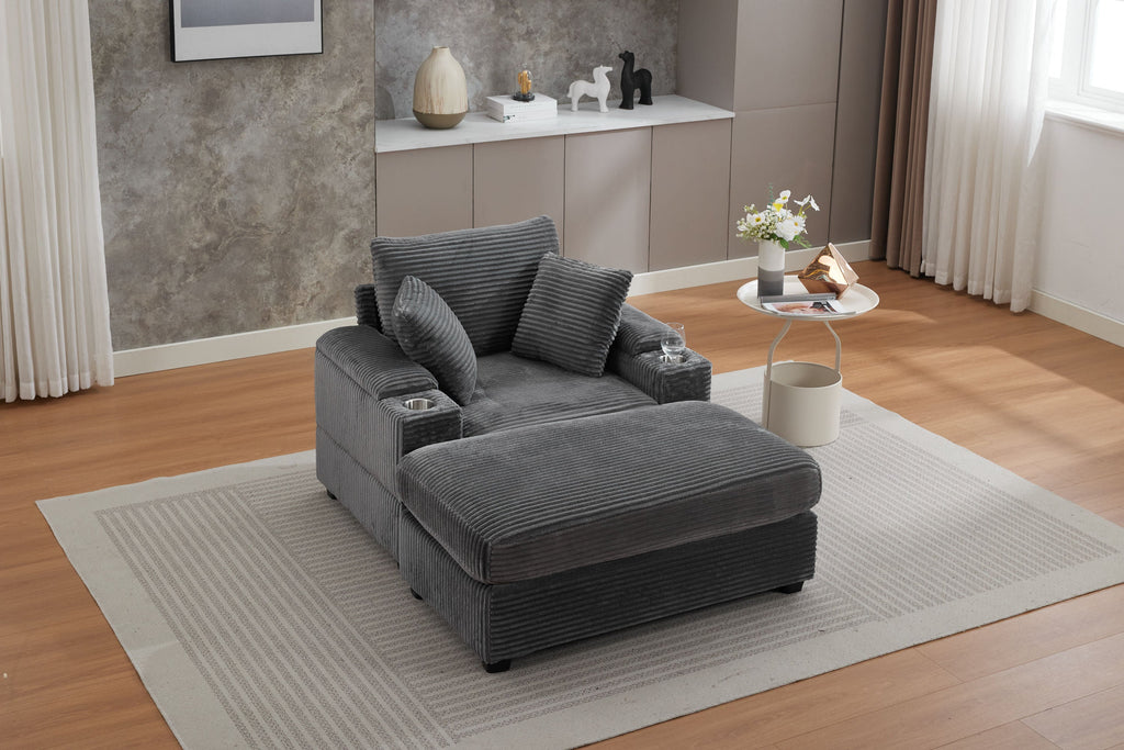 [VIDEO/New]Corduroy Upholstered Chaise Lounge Sofa with Handrail storage ,Movable ottoman,Cupholders,Detachable Cushions Deep Seat for Living Room Office,3 colour