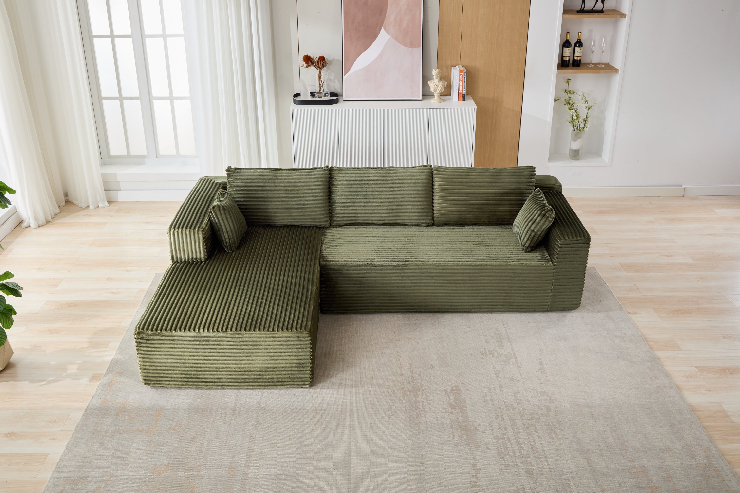 Compression Sectional Couch with Comfy Chaise, Boneless L Shape Sofa with Deep Seat, Minimalist Modular Couches Sleeper for Living Room Bedroom Apartment Lounge,corduroy,Green