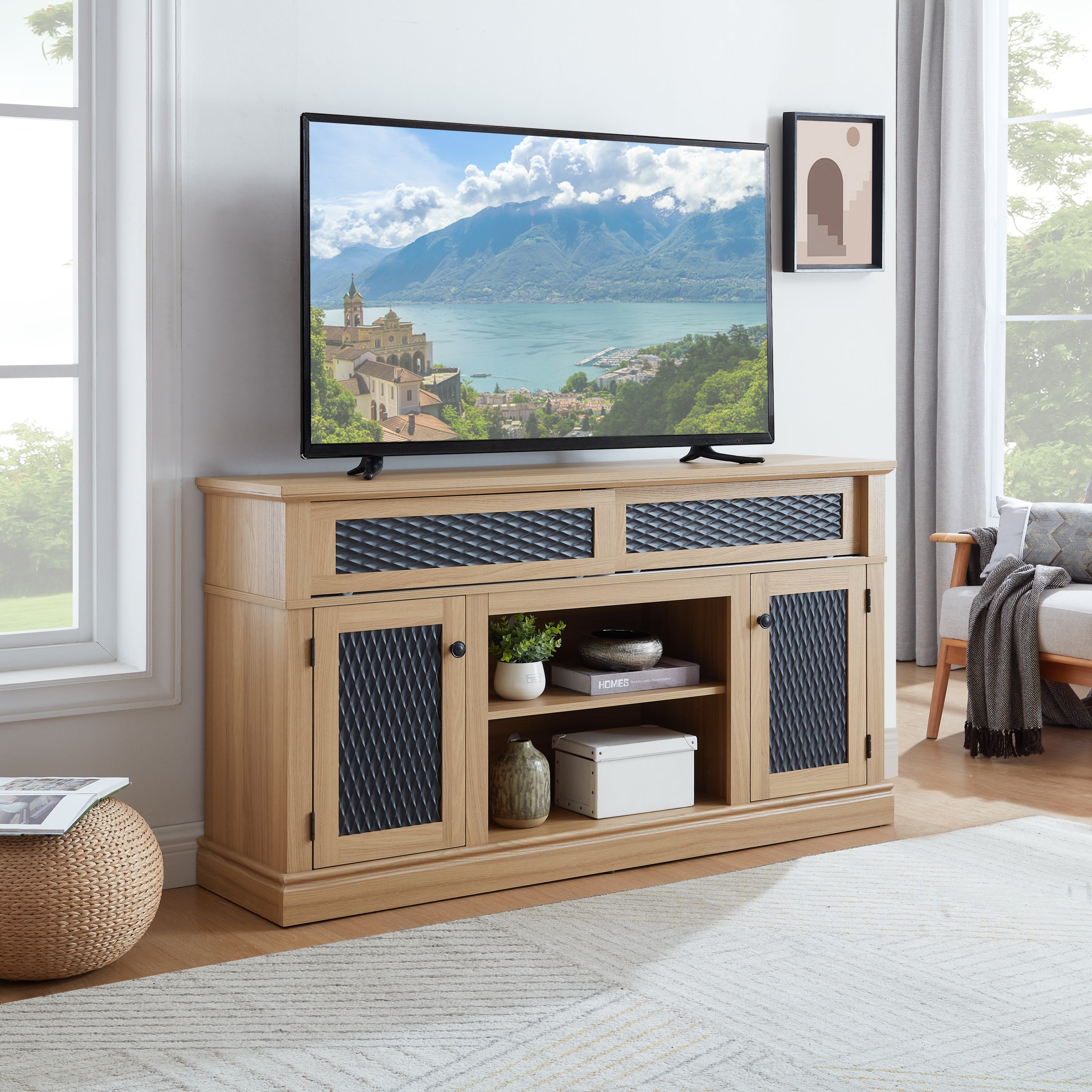 Embossed Pattern TV Stand, TV and Media Console with Open and Closed Storage Space and sliding door for Living Room & Bedroom, LIGHT OAK, 58.27'W*15.35'W*31.7H