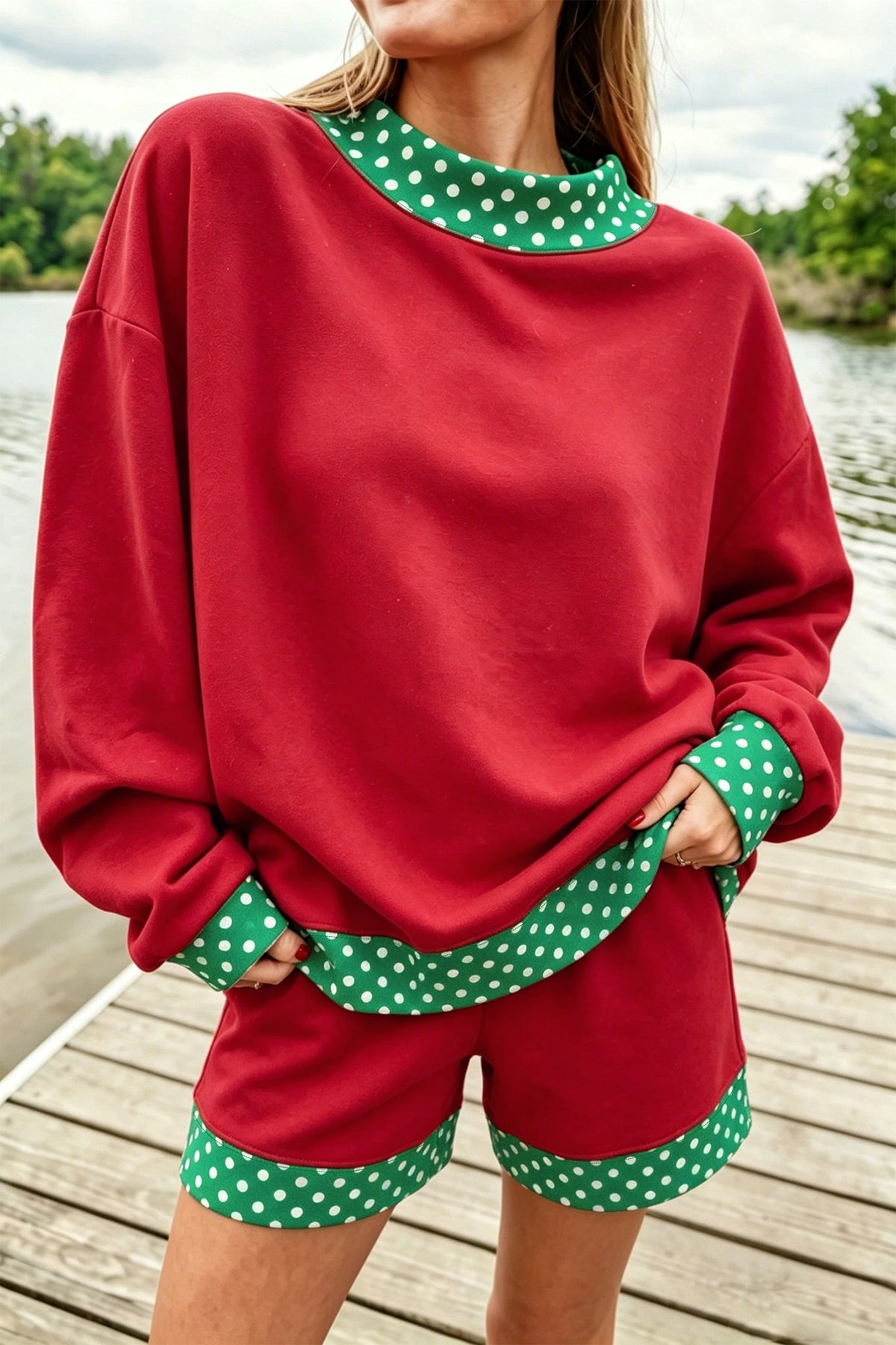 Polka Dot Contrast Trim Sweatshirt & Shorts Set