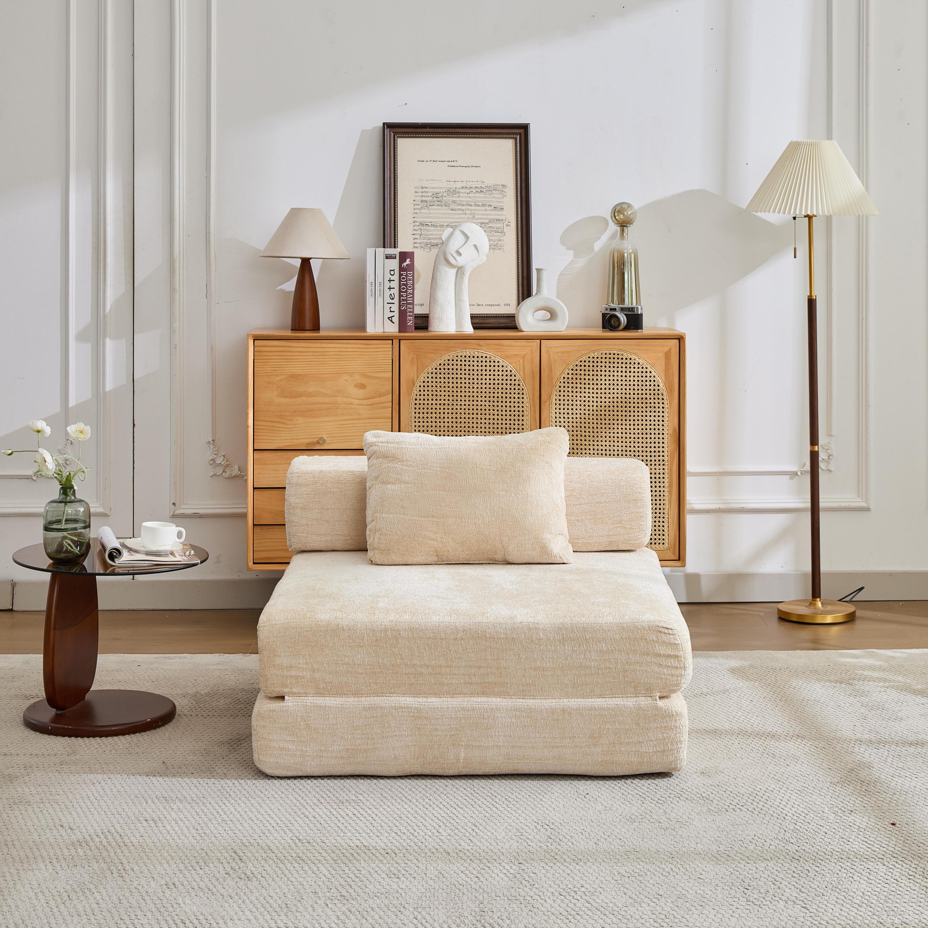 Compression Sofa,Convertible Floor Sofa Bed with Fixed-Shape Frame,Single Seater Boneless Modular Sectional Sofa,No Assembly Required,Chenille fabric,for Living Room Bedroom,Beige
