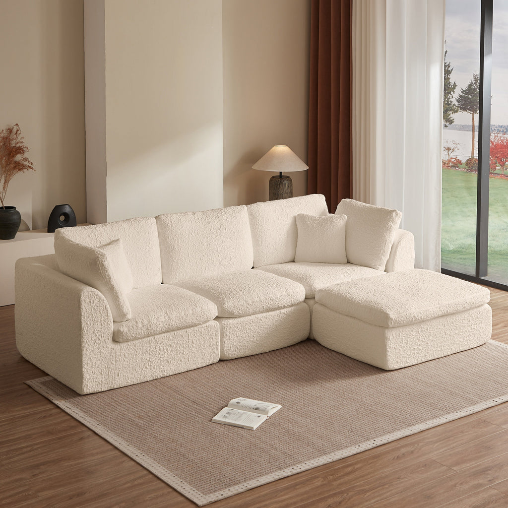Cloud Style L-Shape Modular Sectional Sofa with Ottoman, 3 Seater Convertible Couch in Warm White Beige, Chenille Fabric, 110 Inch