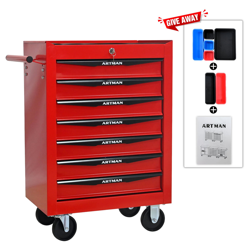 Rolling Metal Tool Chest with 7 Drawers, 20' Steel Storage Cabinet with Ball Bearing Slides, Red and Black Finish
