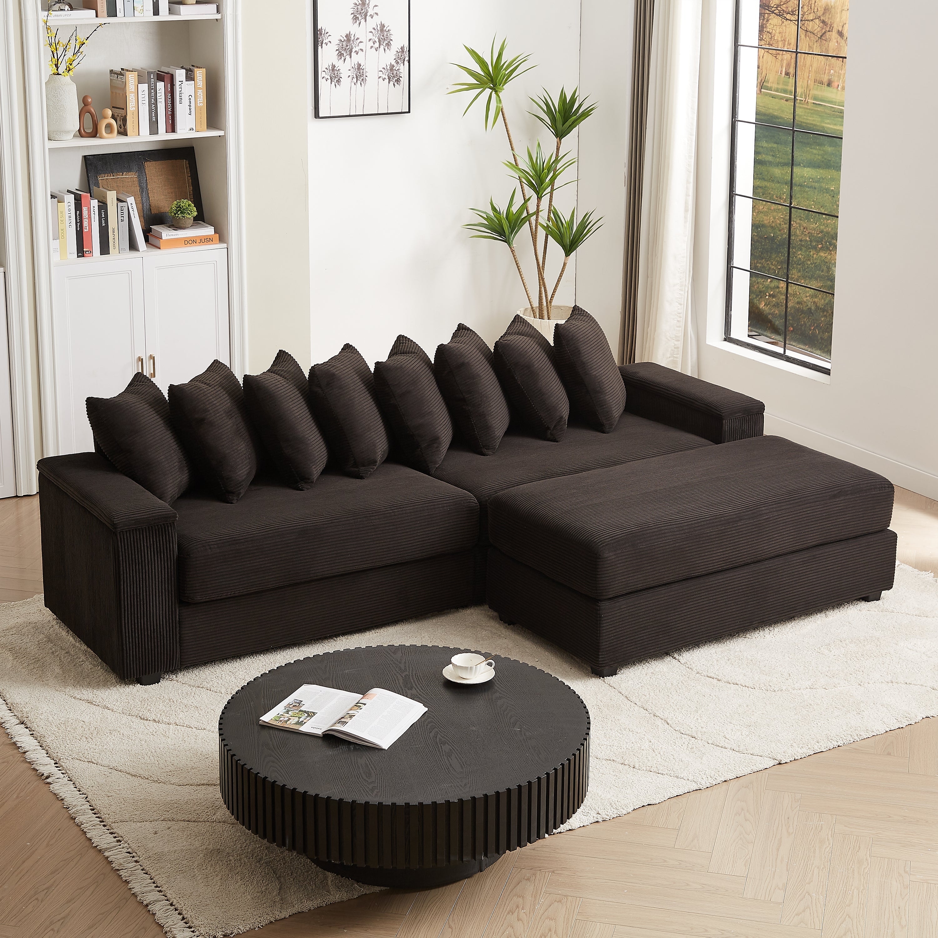 Luxe Oversized L Shaped Sofa with Chaise,Comfy Corduroy L Shaped Sectional Couches with 8 Pillows and Two Armrest storage space,Soft Fluffy Upholstered Sofa Bed for Living Room Apartment Bedroom