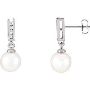 14K White Gold Cultured White Akoya Pearl & 1/10 CTW Natural Diamond Earrings