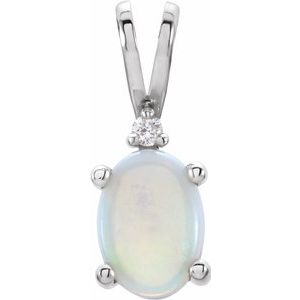 14K White Gold Natural White Opal & .01 CT Natural Diamond Pendant