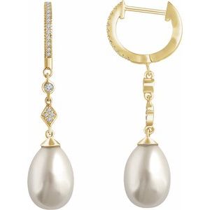 14K Yellow Gold Cultured White Freshwater Pearl & 1/6 CTW Natural Diamond Earrings