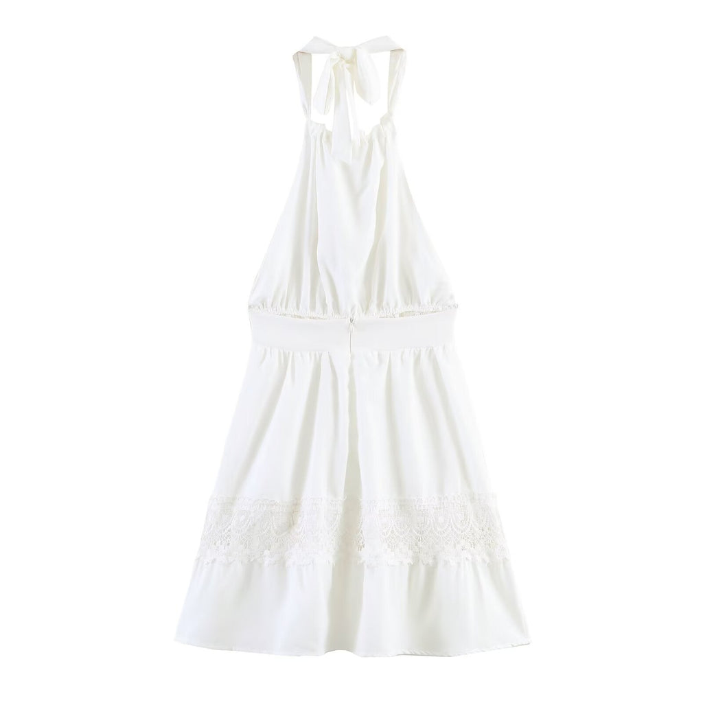 Spring Simple Thin Lace Stitched Backless Maxi Dress