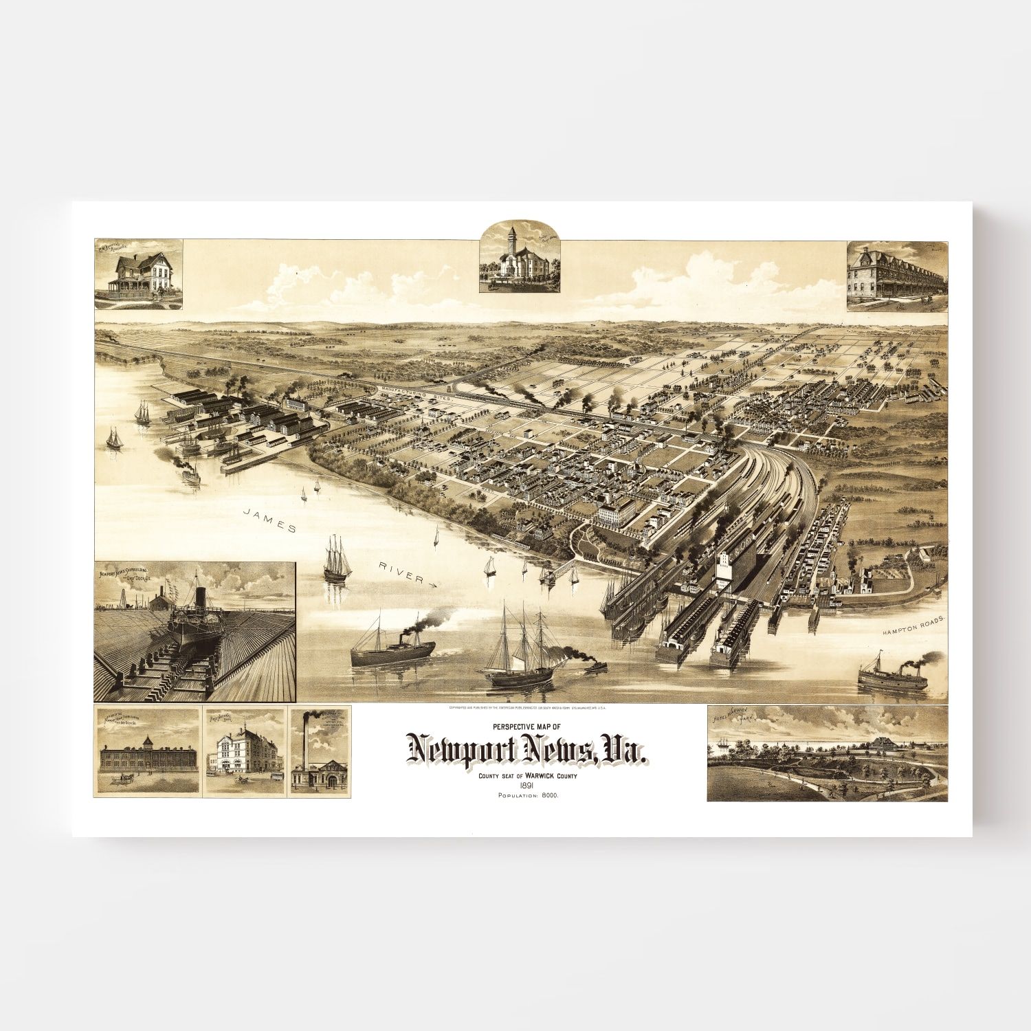 Vintage Map of Newport News, Virginia 1891