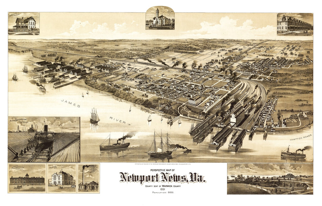 Vintage Map of Newport News, Virginia 1891