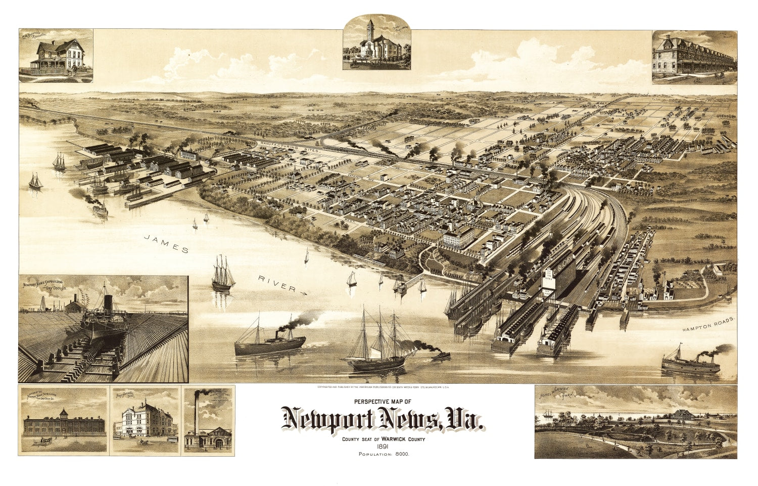 Vintage Map of Newport News, Virginia 1891