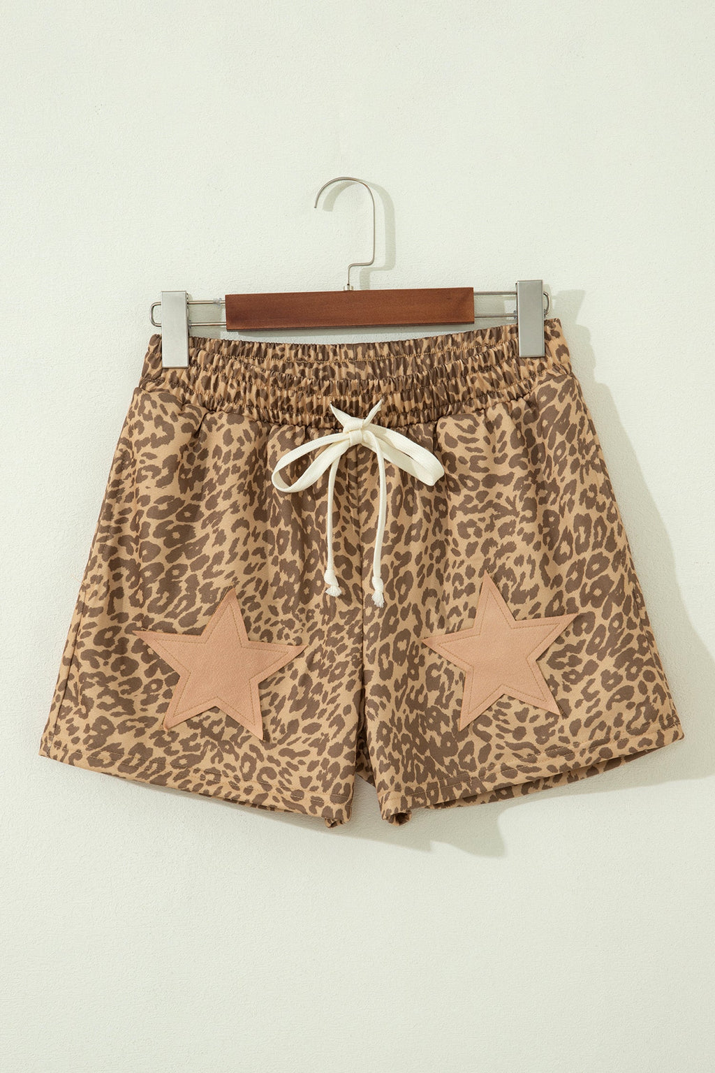 Leopard Star Patch Drawstring Elastic Waist Shorts