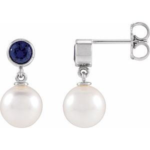 Sterling Silver Cultured White Akoya Pearl & Lab-Grown Blue Sapphire Earrings