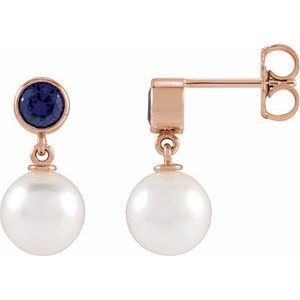 14K Rose Gold Cultured White Akoya Pearl & Lab-Grown Blue Sapphire Earrings