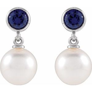 14K White Gold Cultured White Akoya Pearl & Lab-Grown Blue Sapphire Earrings