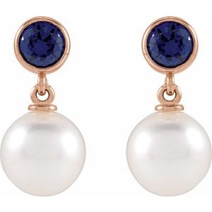 14K Rose Gold Cultured White Akoya Pearl & Lab-Grown Blue Sapphire Earrings