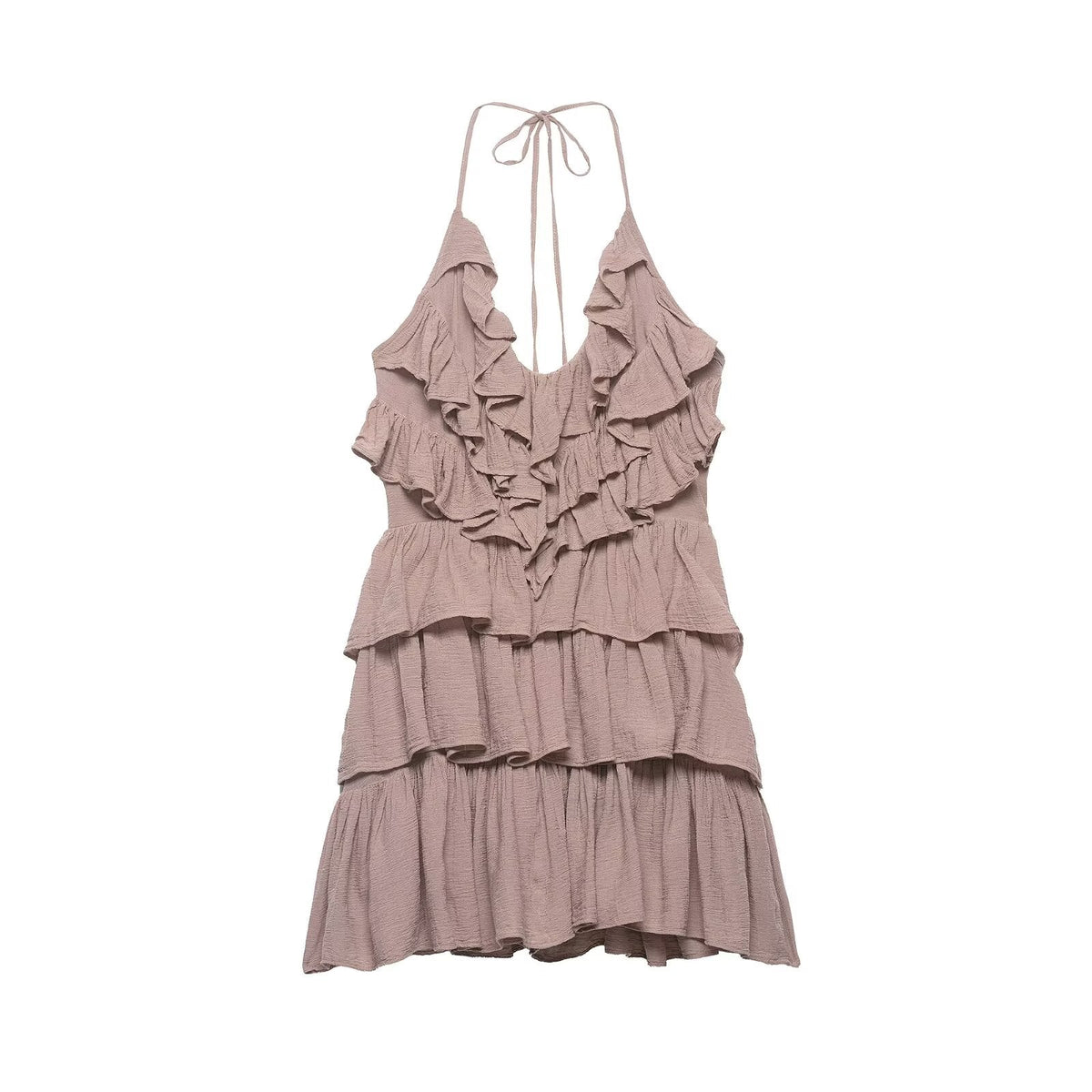 Women Clothing Summer Lace up Backless V neck Laminated Ruffled Dress