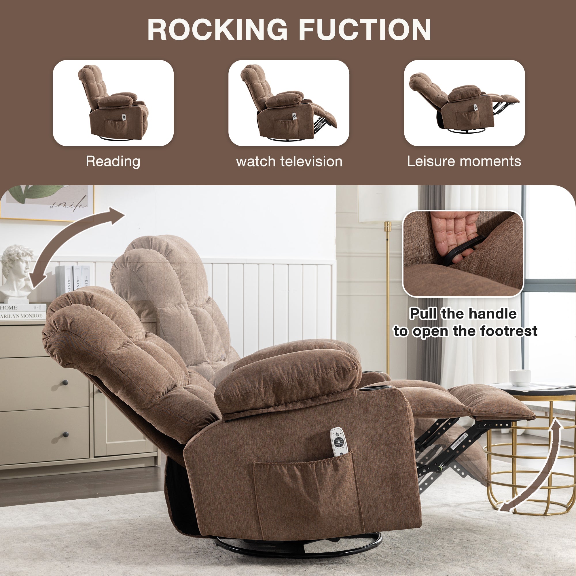 Massage Rocker Recliner Chair Rocking Chairs for Adults Oversized with 2 Cup Holders, USB Charge Port Soft Features a Manual Massage and Heat.(A+B)BROWN
