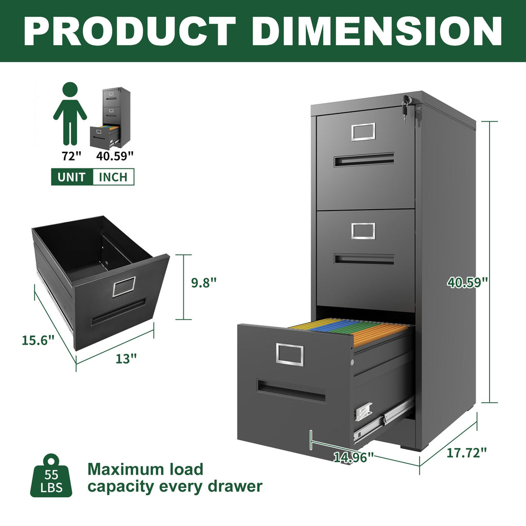 Premium Metal 3 Drawer File Cabinet with Lock for A4 Legal/Letter Size Storage, Black Steel, 15.16x17.72x40.39 inches
