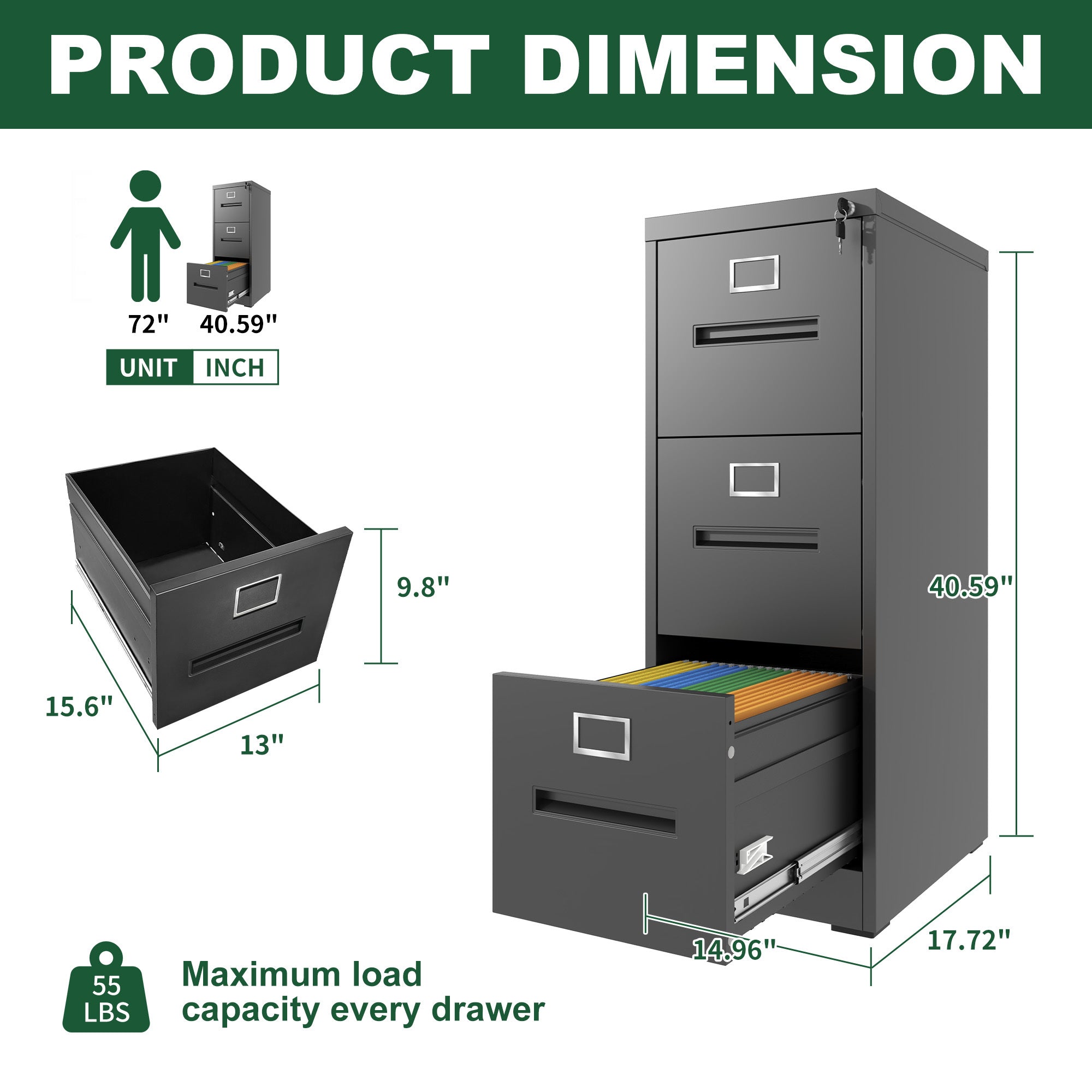 Premium Metal 3 Drawer File Cabinet with Lock for A4 Legal/Letter Size Storage, Black Steel, 15.16x17.72x40.39 inches