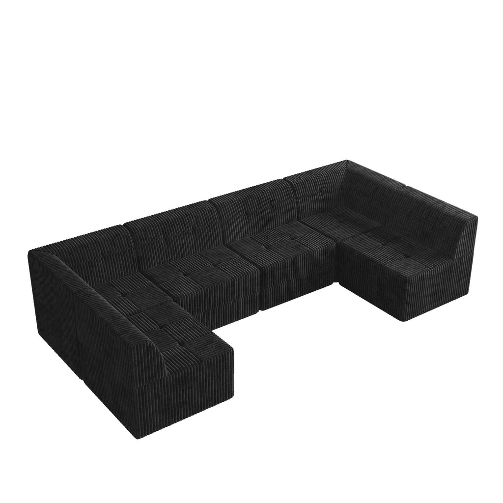 U shape Modular Sectional Sofa, Compressed Sectional Sofa Modern Minimalist Style Corduroy Couch, Sleeper Sofa for Living Room, Bedroom, Comfy Compressed Sofa Couch Space-Efficient Design-black