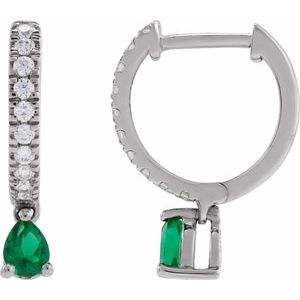14K White Gold Lab-Grown Emerald & 1/5 CTW Natural Diamond 16.2 mm Hoop Earrings