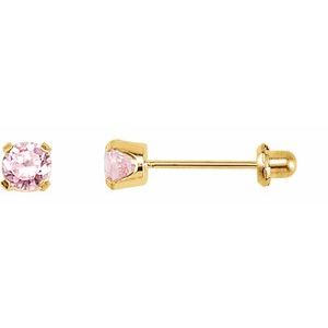 14K Yellow Gold 3 mm Round Imitation Pink Cubic Zirconia Piercing Stud Earrings