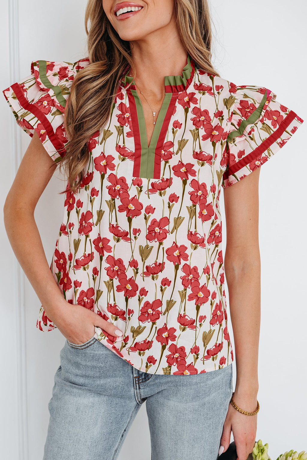 Floral Contrast Trim V-Neck Ruffle Short Sleeve Blouse