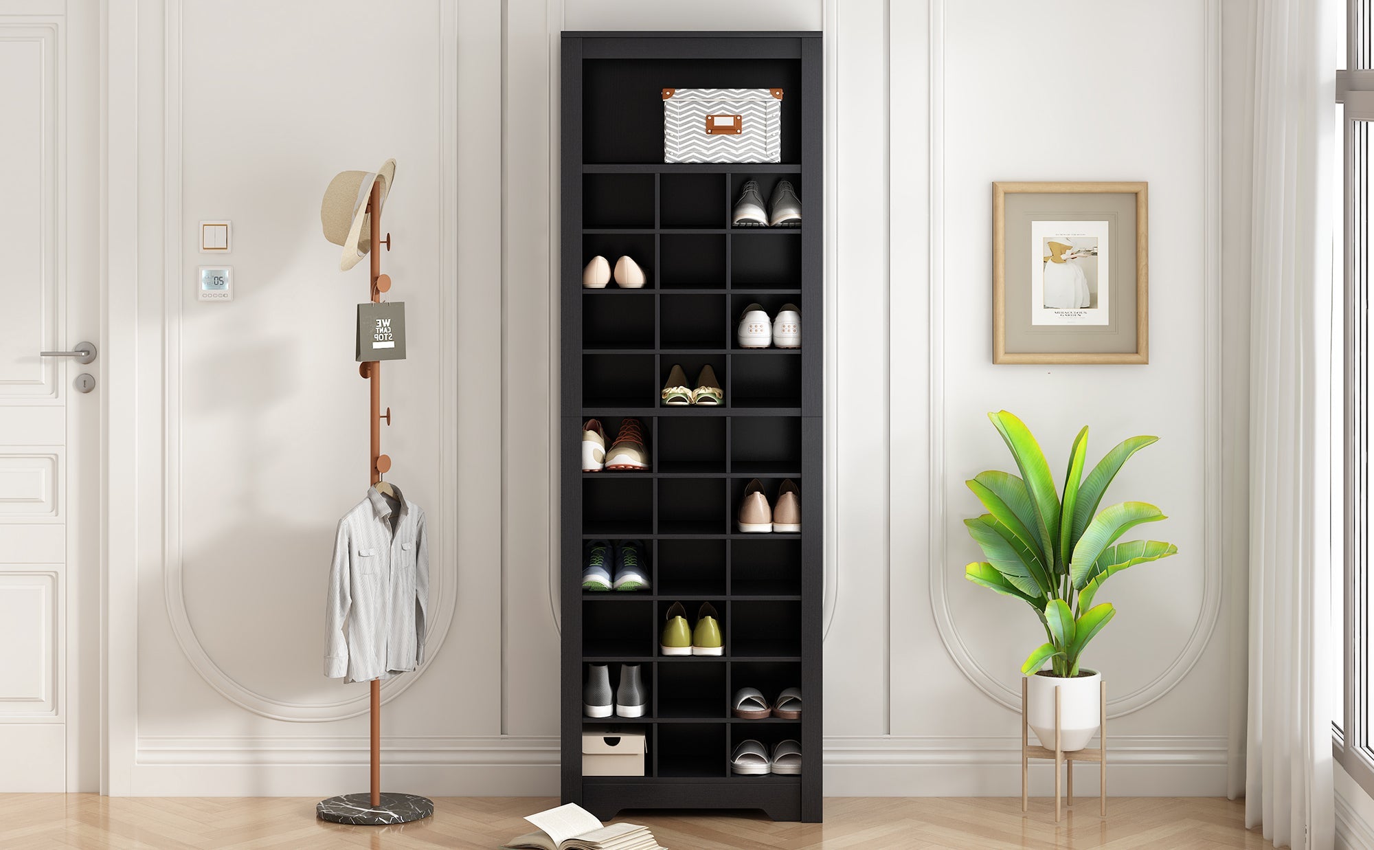 ON-TREND Stylish Design 30 Shoe Cubby Console, Contemporary Shoe Cabinet with Multiple Storage Capacity, Free Standing Tall Cabinet with Versatile Use for Hallway,  Bedroom, Black