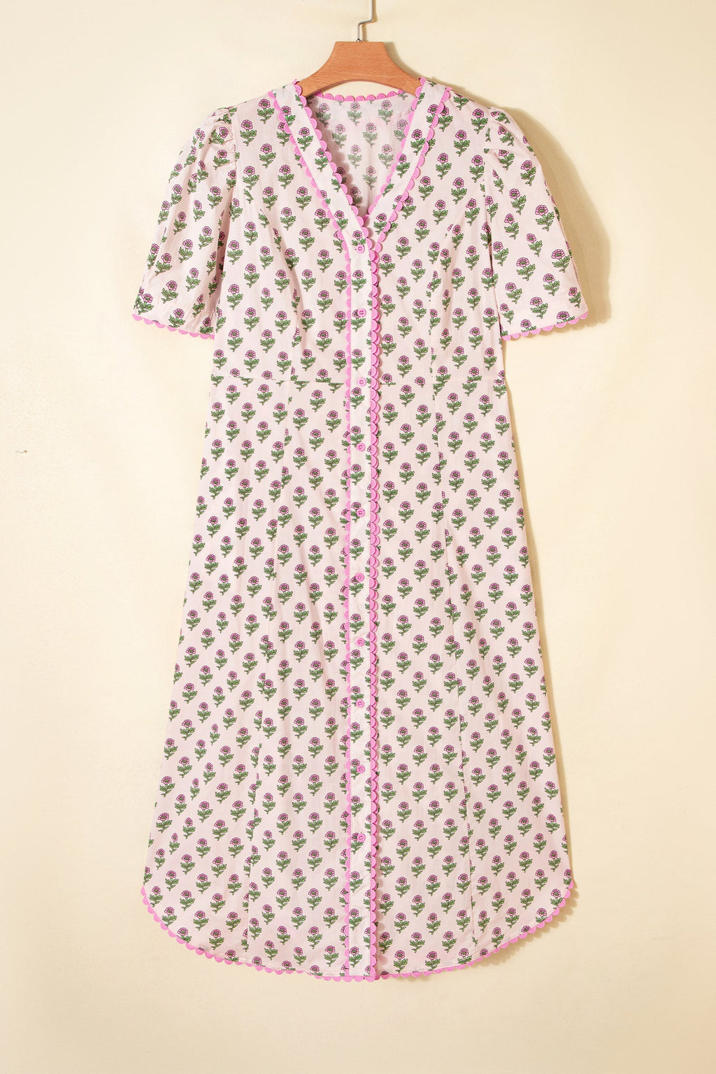 Floral Scallop Trim V-Neck Button Front Maxi Dress