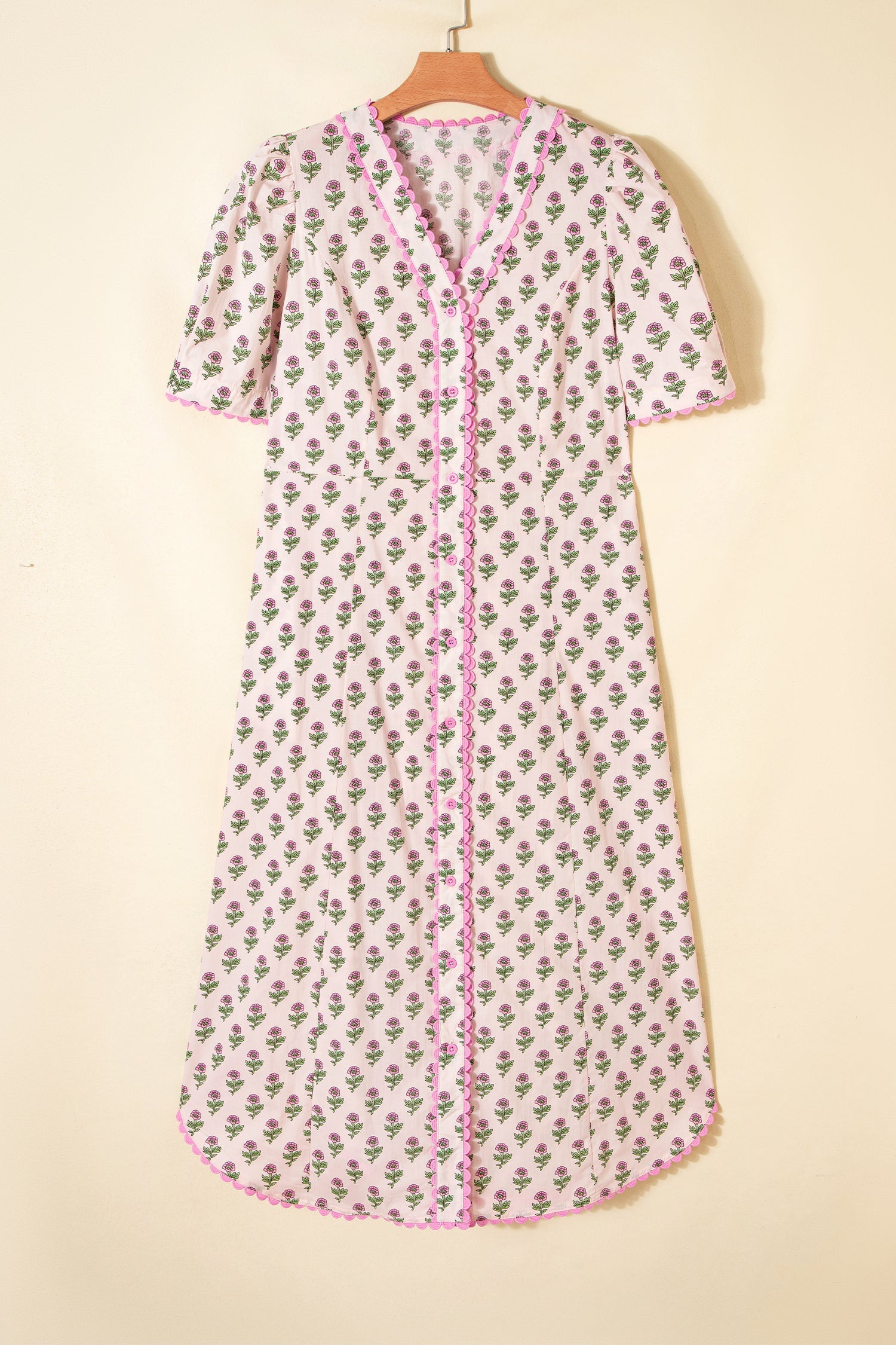 Floral Scallop Trim V-Neck Button Front Maxi Dress