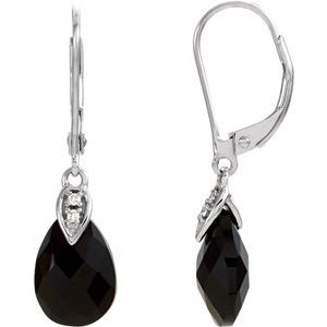 14K White Gold Natural Briolette Onyx & .025 CTW Natural Diamond Earrings