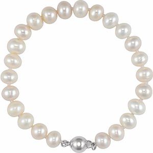 Sterling Silver 8-9 mm Cultured White Freshwater Pearl 7 3/4" Bracelet