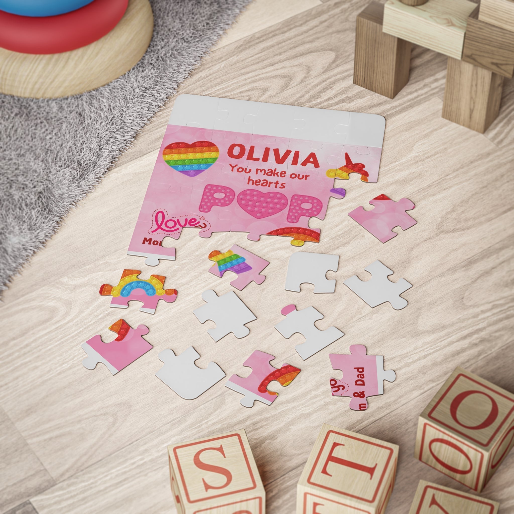 Personalized Kid's 30-Piece Valentine's Day Puzzle - "You Make Our Hearts Pop" Pop It Theme