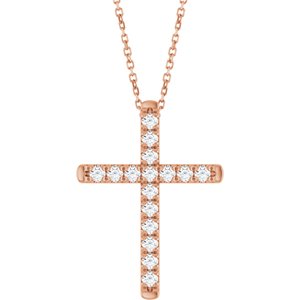14K Rose Gold 1/2 CTW Lab-Grown Diamond French-Set Cross 16-18" Necklace