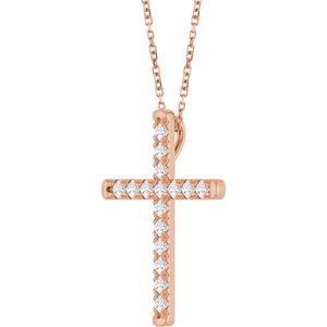 14K Rose Gold 1/2 CTW Lab-Grown Diamond French-Set Cross 16-18" Necklace