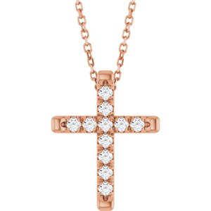 14K Rose Gold 1/4 CTW Lab-Grown Diamond French-Set Cross 16-18" Necklace