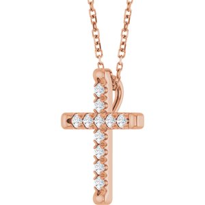 14K Rose Gold 1/4 CTW Lab-Grown Diamond French-Set Cross 16-18" Necklace