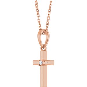14K Rose Gold .015 CT Natural Diamond Cross 16-18" Necklace