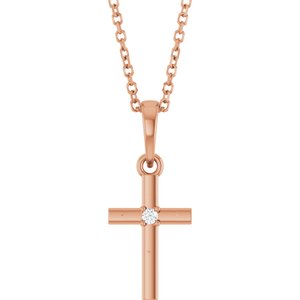 14K Rose Gold .015 CT Natural Diamond Cross 16-18" Necklace