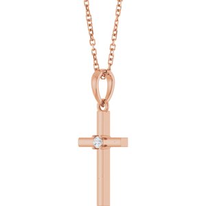 14K Rose Gold .03 CT Natural Diamond Cross 16-18" Necklace