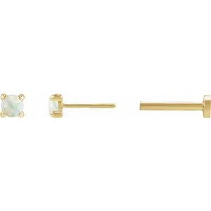 14K Yellow Gold Cabochon Natural White Opal Stud Earring